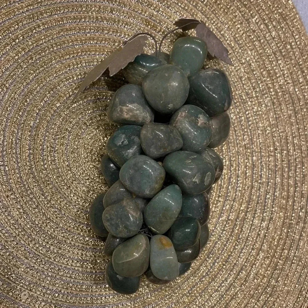 Green Agate Stone Grapes Cluster Decor Metal Leaf Polished Rock Fruit